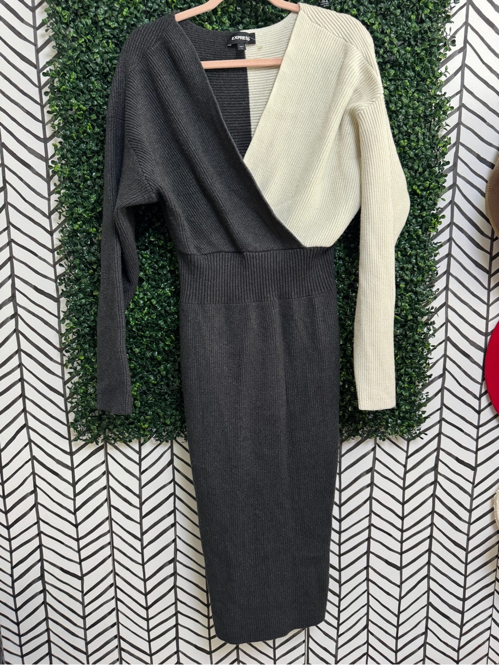 Express Two-Tone Black and Cream Ribbed Wrap Midi Dress